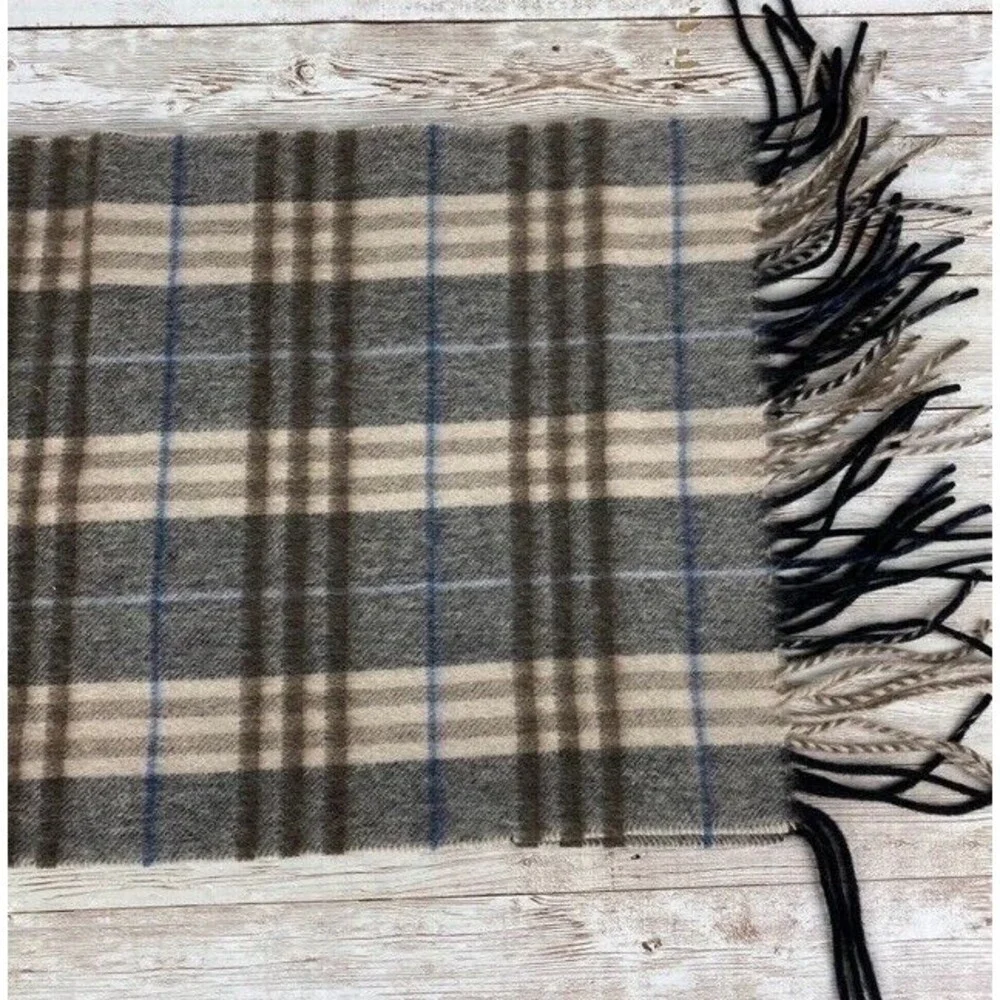 Enzo Montavani Cashmere & Wool Plaid Scarf Unisex Neutral Preppy Casual Fringe